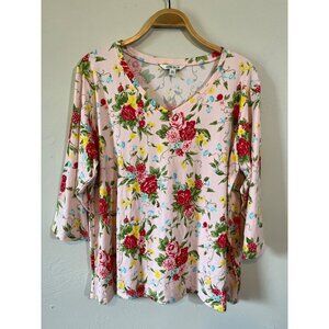 The Pioneer Womans XXL / 2XL V Neck Top Blouse Pink Floral 3/4 Sleeve Stretch